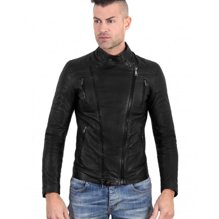KEVIN - Black Color - Nappa Lamb Leather Biker Perfecto Jacket Smooth Effect