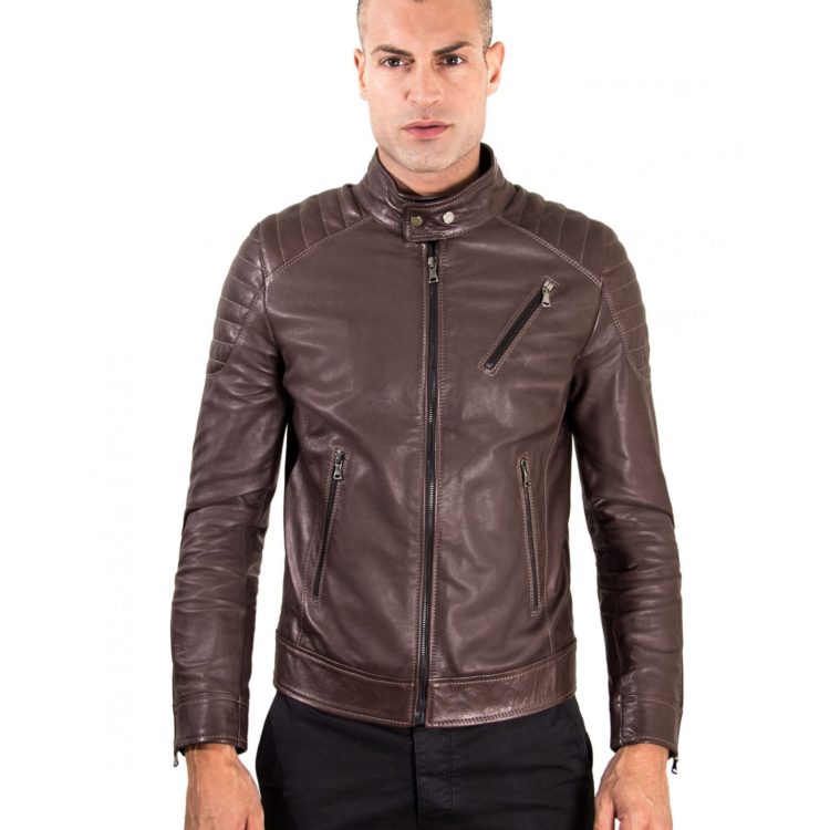 U411 BIKER - Brown Vintage Effect Lamb Leather Biker Quilted Jacket