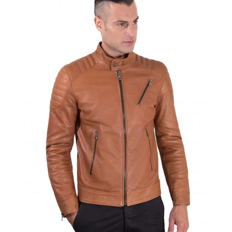 U411 BIKER - Tan Vintage Effect Lamb Leather Biker Quilted Jacket