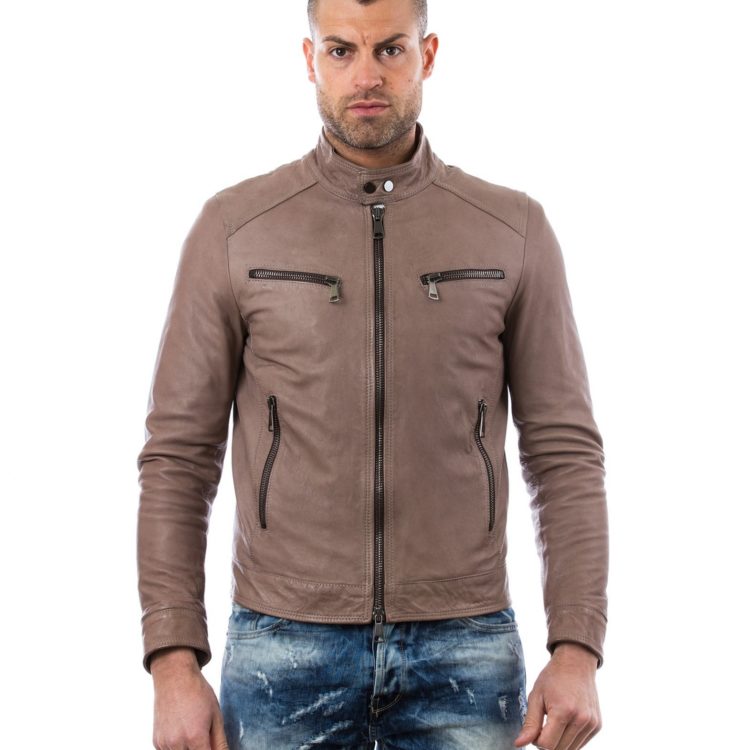 HAMILTON - Grey Vintage Effect Lamb Leather Jacket Four Pockets Korean Collar