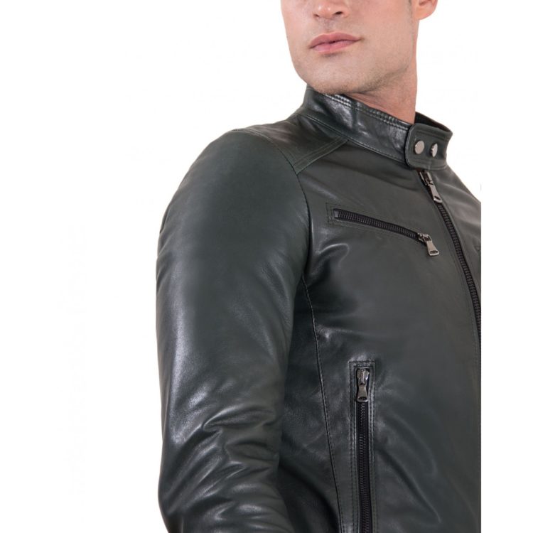 HAMILTON - Green Vintage Effect Lamb Leather Jacket Four Pockets korean Collar