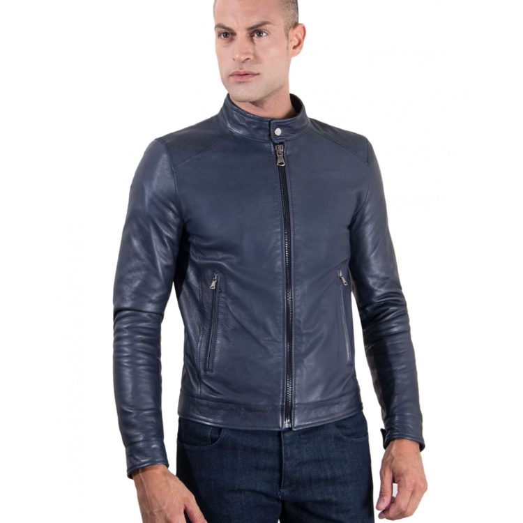 TED - Blue Vintage Effect Lamb Leather Jacket Korean Collar