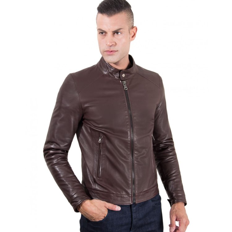TED - BROWN VINTAGE EFFECT LAMB LEATHER JACKET KOREAN COLLAR
