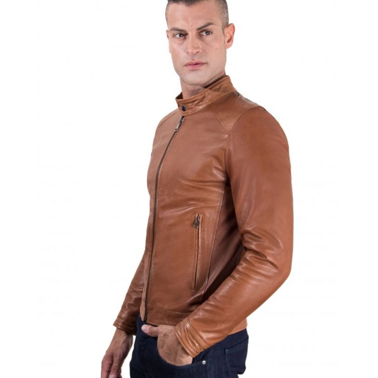 TED - Tan Vintage Effect Lamb Leather Jacket Korean Collar